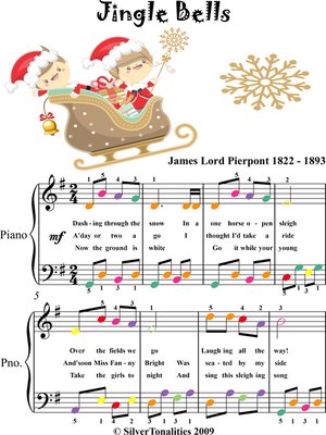 cover image of Jingle Bells Easy Piano Sheet Music with Colored Notes